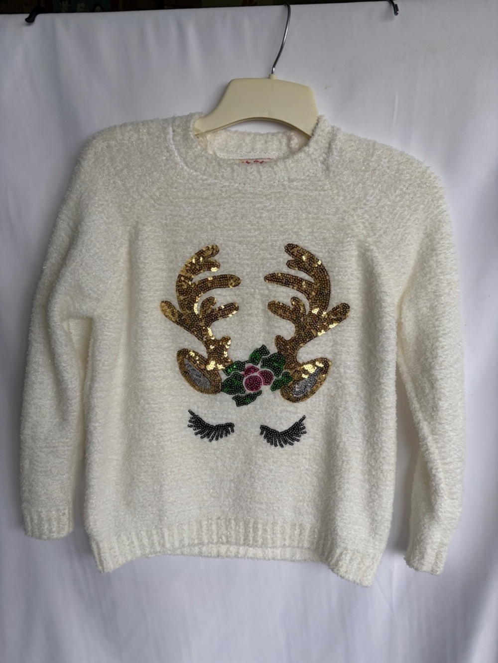 Poof Lady Reindeer Christmas Sweater, sz S, Sparkly, Cream, 19” PTP, 25” L